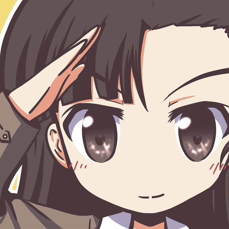 1girl asymmetrical_bangs blush brown_eyes brown_hair chi-hatan_military_uniform chibi closed_mouth collarbone deformed fictional_sister girls_und_panzer jacket long_hair long_sleeves looking_at_viewer military military_uniform nishi_kinuyo no_nose salute simple_background smile solo upper_body very_long_hair yellow_background