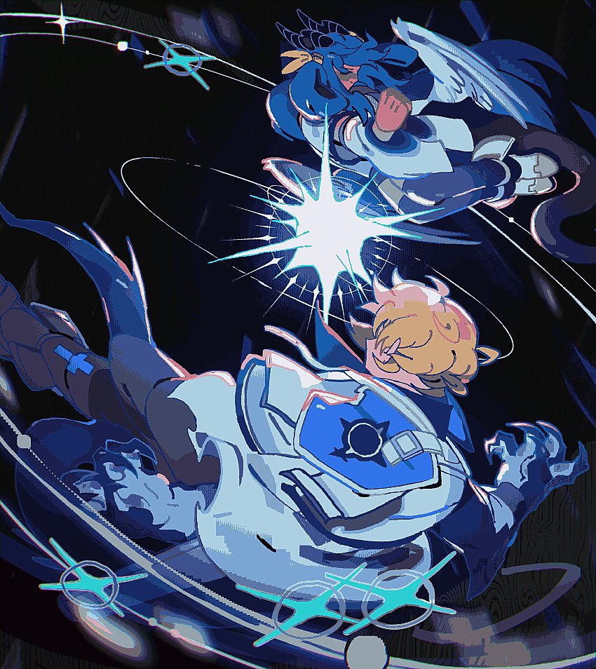 1boy 1girl angel_wings asymmetrical_wings black_background blonde_hair blue_hair commentary dizzy_(guilty_gear) english_commentary guilty_gear guilty_gear_strive ky_kiske queen_dizzy ribbon star_(sky) tagme tierrlist wings yellow_ribbon