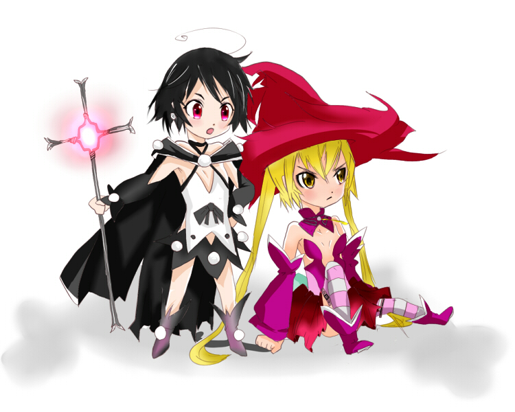10s 2girls ahoge arm_support asuka_yuuri black_hair blonde_hair cape chibi choker glowing hat kazumi_(madoka_magica) long_hair magical_girl mahou_shoujo_kazumi_magica mahou_shoujo_madoka_magica multiple_girls nm_kuro open_mouth red_eyes short_hair sitting staff twintails very_long_hair witch_hat yellow_eyes yuuri_(madoka_magica)
