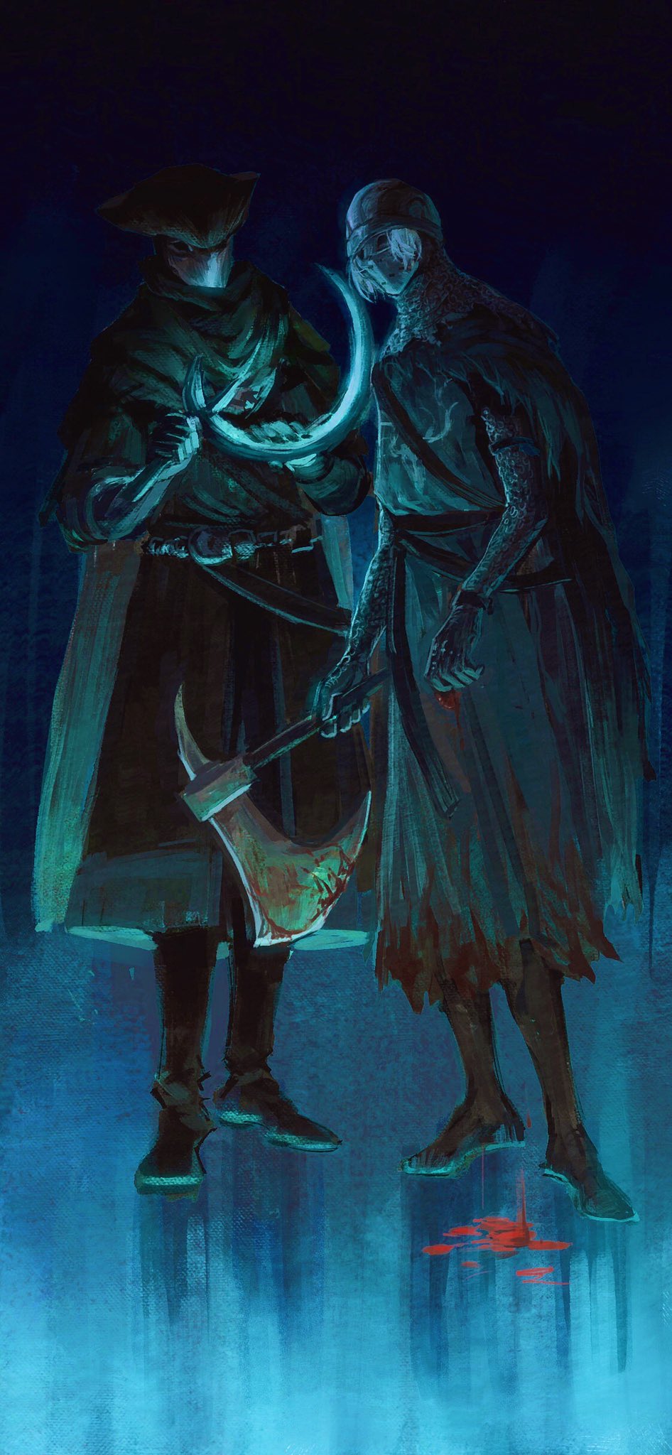 2boys armor axe belt black_boots blood blood_on_clothes bloodborne bloody_weapon blue_background boots cape chainmail character_request check_copyright chinese_commentary coat commentary_request copyright_request dark_souls_(series) full_armor full_body gloves grey_hair hat helmet highres holding holding_another&#039;s_tongue holding_axe holding_sickle male_focus multiple_boys short_hair tricorne tworain_w weapon