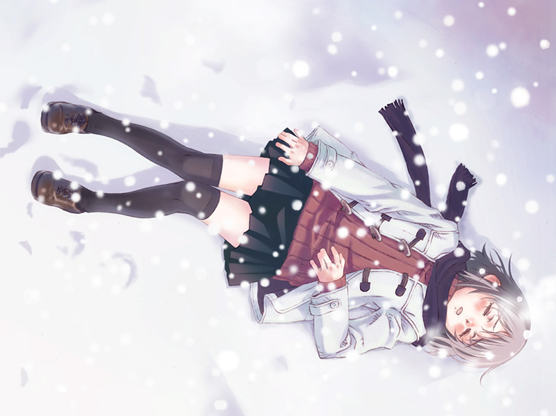 closed_eyes miniskirt nyaou original sad sad_girl_in_snow scarf skirt snow snowing socks solo sweater thighhighs zettai_ryouiki