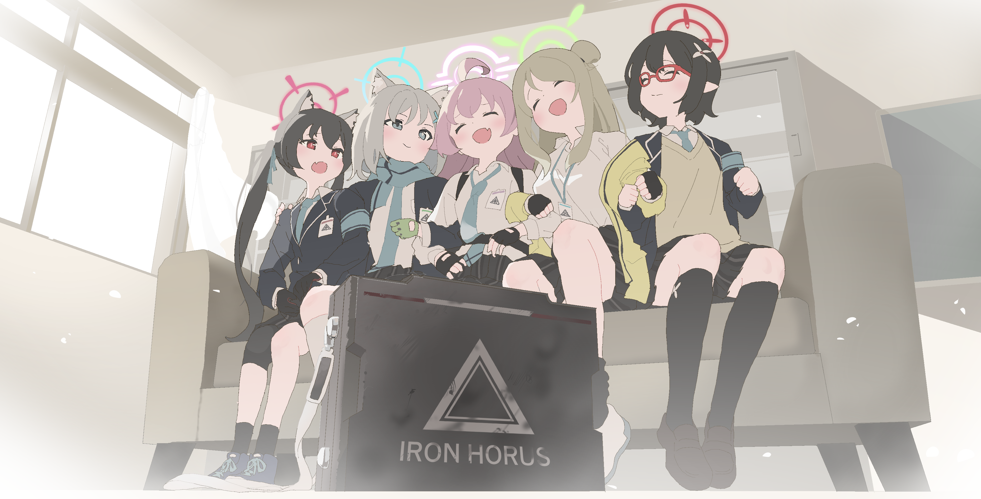 absurdres ayane_(blue_archive) blue_archive closed_eyes couch fuyubone highres hoshino_(blue_archive) nonomi_(blue_archive) on_couch serika_(blue_archive) shiroko_(blue_archive) smile window