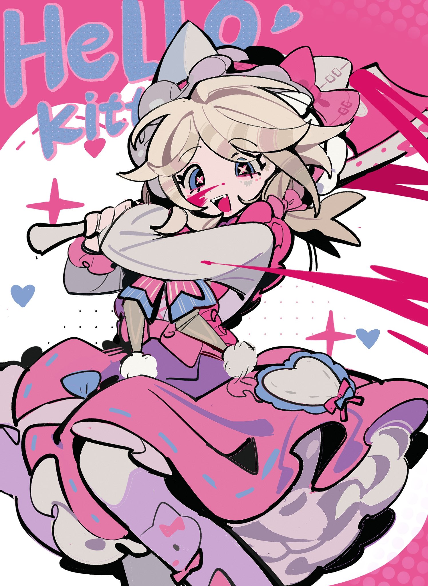 1girl :d animal_ear_hairband animal_ears ankle_bow ankle_ribbon baseball_bat blonde_hair blood blood_on_face blood_splatter blue_eyes bow bow_hairband cat_ears copyright_name dress emma_woods emma_woods_(hello_kitty_dream) fake_animal_ears fangs feet_out_of_frame frilled_dress frills hairband half-closed_eyes halftone hands_up happy hello_kitty highres holding holding_baseball_bat identity_v knee_up layered_dress leg_ribbon long_sleeves looking_ahead official_alternate_costume official_alternate_hair_color oliviawill open_mouth pantyhose pink_background pink_blood pink_bow pink_dress raised_eyebrows ribbon ribbon-trimmed_dress ribbon_trim sanrio smile solo split_mouth standing standing_on_one_leg swept_bangs symbol_in_eye teeth two-handed two-tone_background upper_teeth_only waist_bow white_background white_hairband white_pantyhose white_sleeves