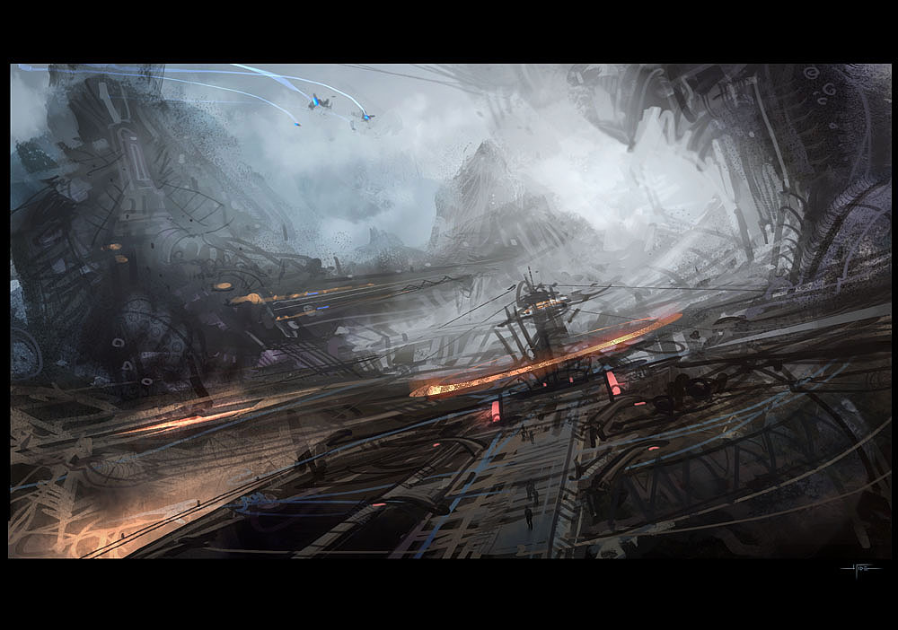 aircraft black_border blue_sky border building day dome fog hideyoshi_ruwwe hill industrial original people platform scenery science_fiction sky steel_beam