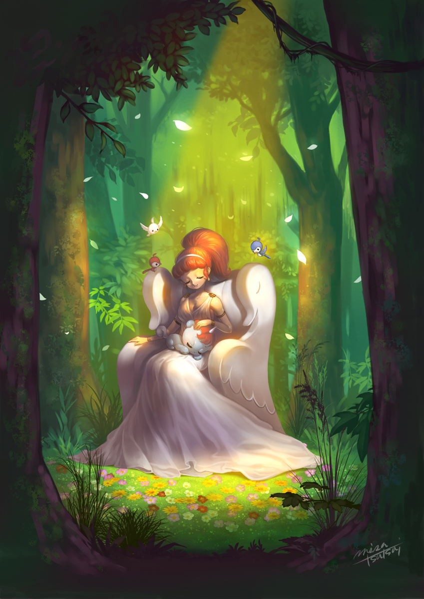 1girl ancient_greek_clothes animal animal_on_lap armchair armlet artist_name bangle bird bracelet breasts chair chiton cleavage closed_eyes dress earrings flower forest glowing grass hairband head_tilt headpat high_ponytail highres jewelry lap_pillow light_rays long_dress misa_tsutsui moss nature on_lap outdoors pink_flower plant ponytail psyche_(unico) red_flower red_hair signature sitting sleeping sleeveless smile sunbeam sunlight throne tree unico unico_(character) unicorn white_dress white_flower yellow_flower