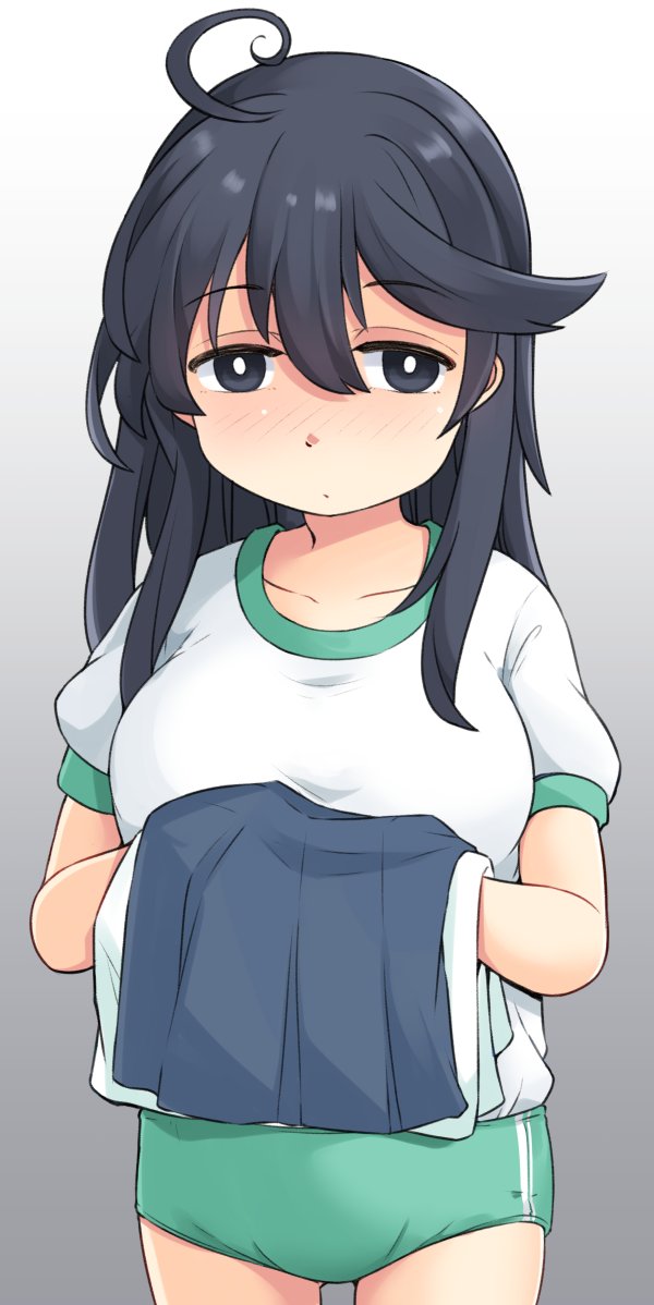 1girl alternate_costume black_hair blue_skirt blush breasts brown_eyes buruma green_buruma grey_background gym_shirt gym_uniform kantai_collection large_breasts long_hair okitarou_(okiyo) school_uniform serafuku shirt skirt skirt_hold solo ushio_(kancolle) white_shirt