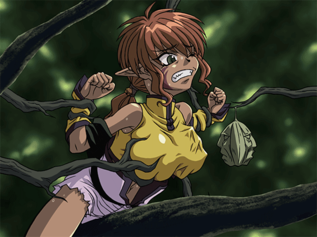 1girl animated animated_gif branch dark-skinned_female dark_skin female_focus food fruit grabbing_another&#039;s_breast green_eyes groping lirin navel orange_hair pants pointy_ears ponytail restrained saiyuki solo straddling tree