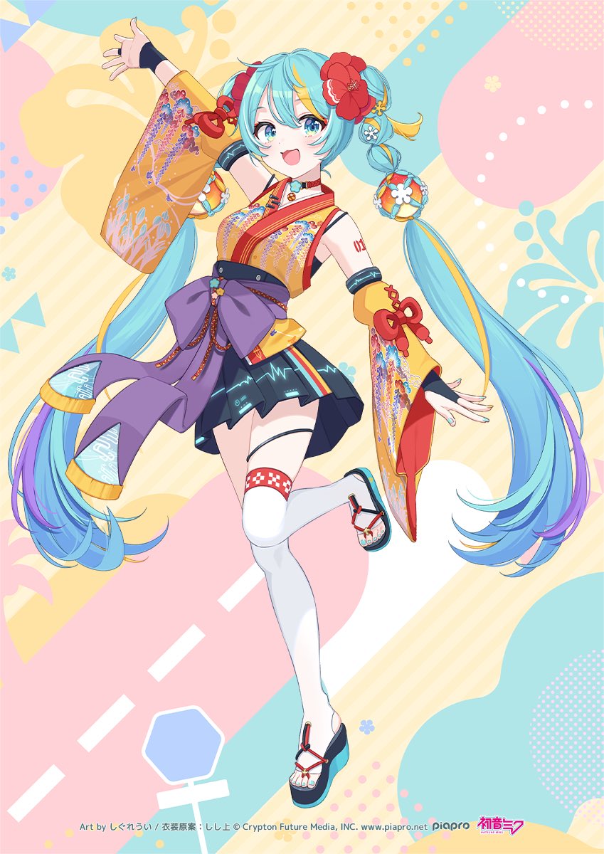 1girl arm_tattoo arm_up artist_name black_gloves black_sandals blonde_hair blue_background blue_eyes blue_hair blue_nails blue_sandals bow breasts bridal_gauntlets character_logo character_name choker colorful_background commentary company_logo company_name copyright_notice cross-laced_clothes cross-laced_sleeves detached_sleeves double-parted_bangs eyelashes fingernails floral_background floral_print floral_print_kimono flower flower_choker full_body furisode_sleeves gloves green_skirt hair_between_eyes hair_flower hair_ornament hatsune_miku highres japanese_clothes kimono leg_up logo long_hair looking_at_viewer miniskirt multi-tied_hair multicolored_hair multicolored_sandals number_tattoo official_art okobo open_mouth outstretched_arms outstretched_hand pink_background platform_sandals print_kimono print_shirt purple_bow purple_hair red_choker red_rope red_trim road_sign rope sandals shigure_ui shirt short_kimono sideways_glance sign skirt sleeveless sleeveless_kimono small_breasts smile solo spaghetti_strap spread_fingers standing standing_on_one_leg stirrup_legwear streaked_hair tattoo thigh_strap thighhighs toeless_legwear toenails twintails underbust vocaloid watermark web_address white_thighhighs wisteria_print yellow_background yellow_kimono