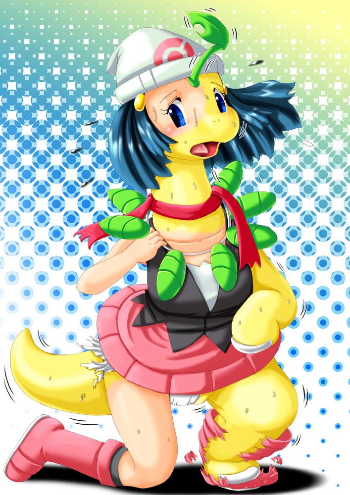 bayleef blue_eyes blue_hair dawn_(pokemon) edmol gen_2_pokemon leaf nintendo pokemon pokemon_(creature) tail transformation