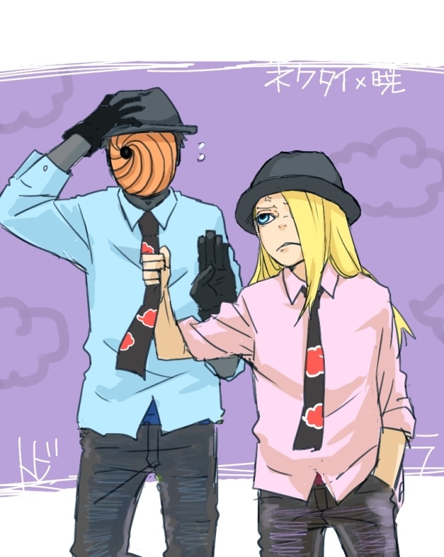 2boys anger_vein black_gloves blonde_hair blue_eyes deidara_(naruto) flying_sweatdrops gloves hand_in_pocket hat height_difference long_hair looking_at_another male_focus mask meitarou multiple_boys naruto_(series) naruto_shippuuden necktie necktie_grab neckwear_grab pants shirt short_hair tobi_(naruto) uchiha_obito