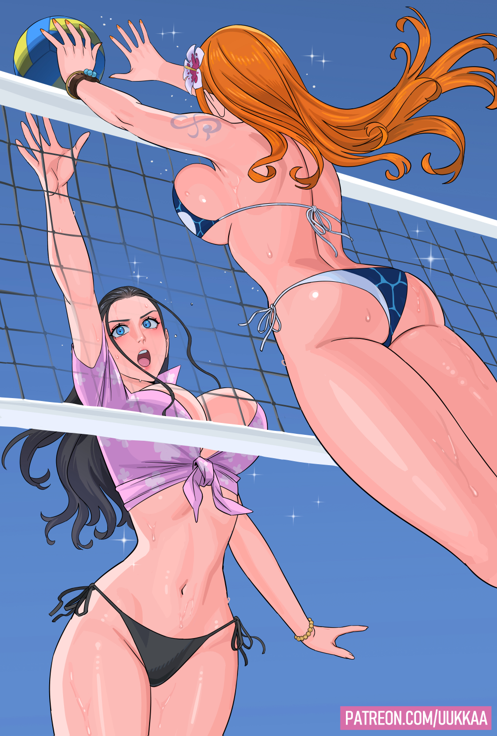 2girls alternate_costume ass back-tie_bikini ball bikini black_hair blue_background blue_eyes bracelet breasts cleavage curvy female_focus flower hair_flower hair_ornament highres jewelry jumping large_breasts log_pose long_hair multiple_girls nami_(one_piece) nico_robin official_alternate_costume one_piece open_mouth orange_hair shiny_skin shirt side-tie_bikini_bottom simple_background string_bikini sweat swimsuit thick_thighs thighs thong thong_bikini uukkaa volleyball volleyball_(object) volleyball_net wide_hips
