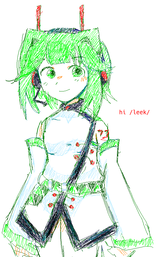 1other 39chan alien antennae arm_tattoo belt black_trim closed_mouth denpakun detached_sleeves green_belt green_eyes green_hair green_trim hair_intakes headphones jaggy_lines looking_to_the_side medium_hair microsoft_paint_(medium) number_tattoo oekaki other_focus shirt simple_background smile solo standing tattoo tsukuyomi_sena utau white_background white_shirt