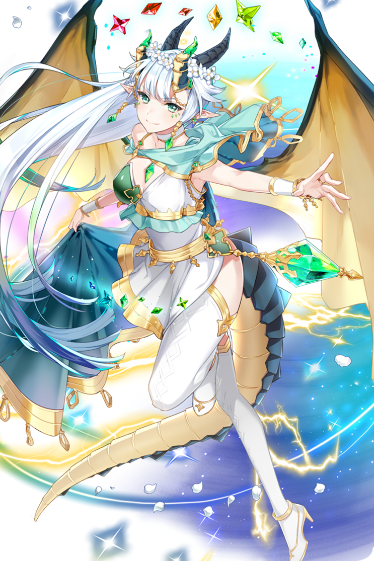1girl aiolos_(soccer_spirits) aqua_eyes breasts cleavage dragon_horns dragon_tail dragon_wings dress earrings female_focus flower full_body gem green_eyes head_wreath high_heels horns image_sample jewelry long_hair looking_at_viewer medium_breasts naver_sample official_art pointy_ears skirt skirt_hold smile soccer_spirits solo standing standing_on_one_leg tail thighhighs transparent_background tuuuh very_long_hair white_dress white_hair white_skirt wings