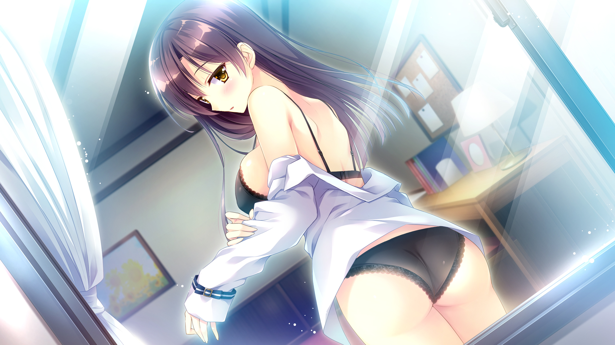 透けコラ  artist request, character request, game cg, highres, source request, tagme,  1boy, 1girl, black hair, black panties, blush, bra, looking back, panties,  shirt, underwear, undressing, yellow eyes - Image View - | Gelbooru -