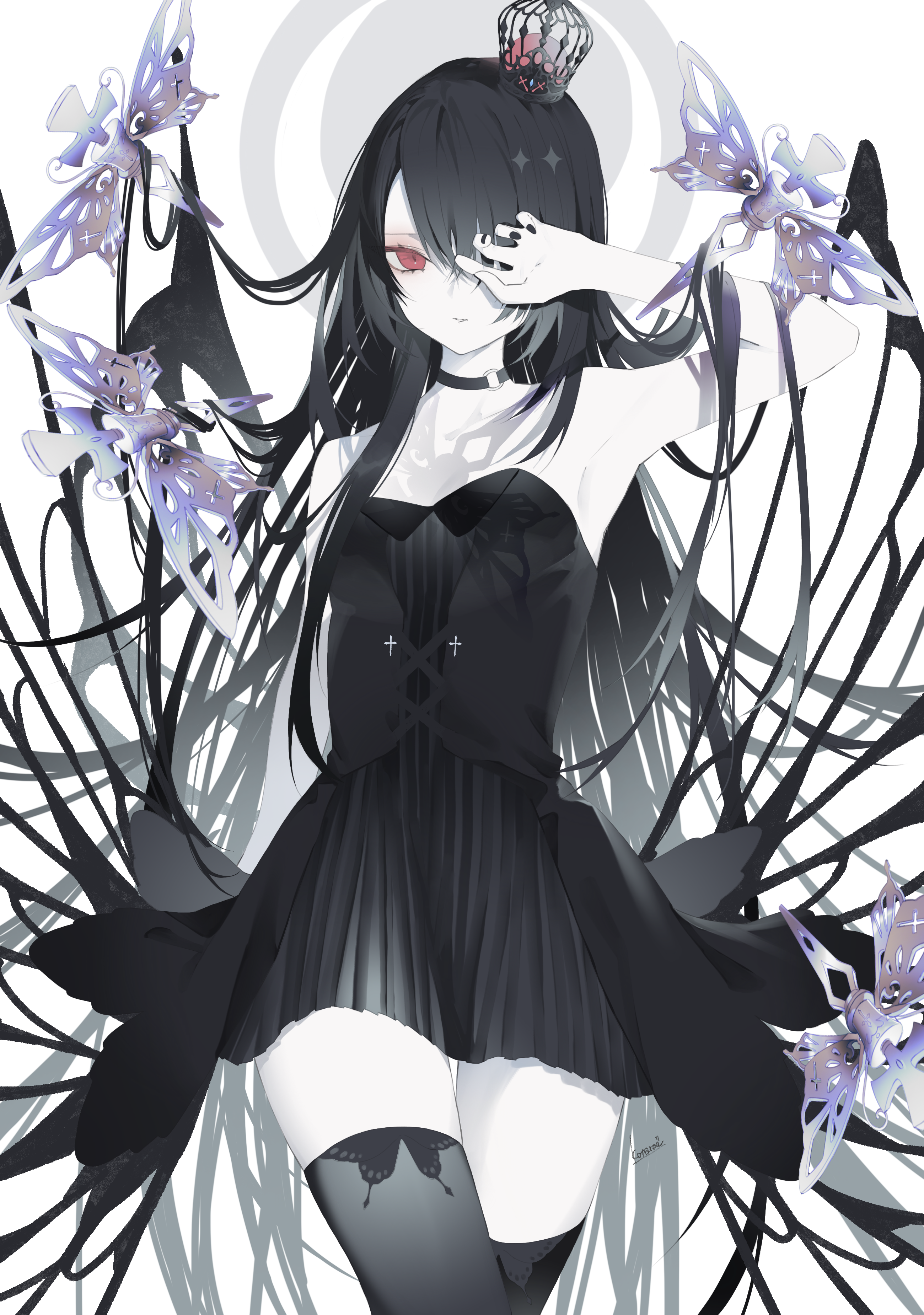 1girl absurdres armpits artist_name black_choker black_crown black_dress black_hair black_nails black_thighhighs choker colored_skin commentary crown dress flat_chest hair_over_one_eye highres kotarou_(kot_mochi) long_hair looking_at_viewer mini_crown nail_polish o-ring o-ring_choker one_eye_covered original parted_lips red_eyes short_dress signature solo standing strapless strapless_dress thighhighs very_long_hair white_skin