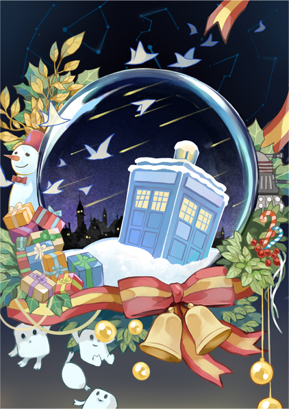 adipose bad_id bad_pixiv_id bell bow candy candy_cane christmas constellation dalek doctor_who food gift leaf no_humans sandyfire snow snow_globe snowman star_(symbol) tardis