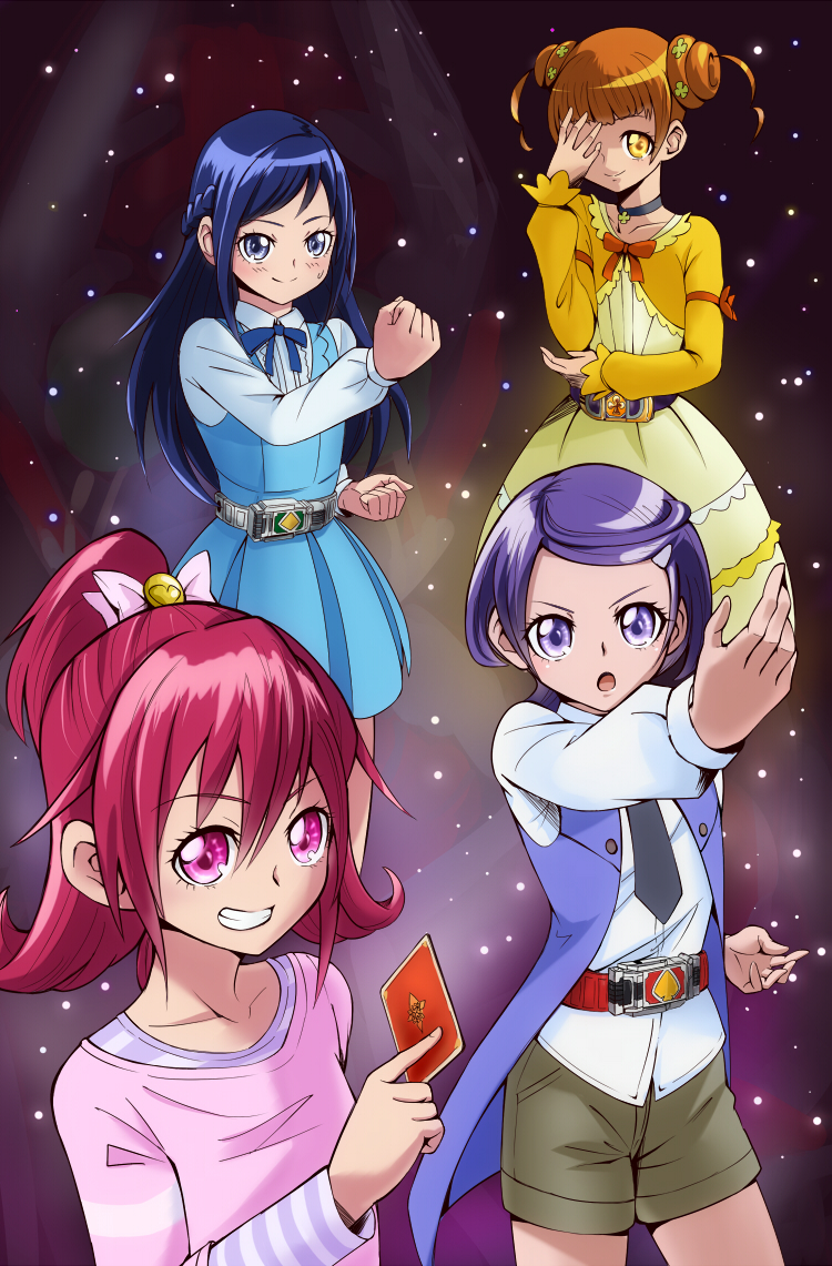 4girls aida_mana belt blouse bow card crossover dokidoki!_precure henshin henshin_pose hishikawa_rikka kamen_rider kamen_rider_blade kamen_rider_blade_(series) kamen_rider_garren kamen_rider_leangle kappa_taii kenzaki_makoto multiple_girls pantyhose parody pink_bow pink_shirt precure shirt yotsuba_alice