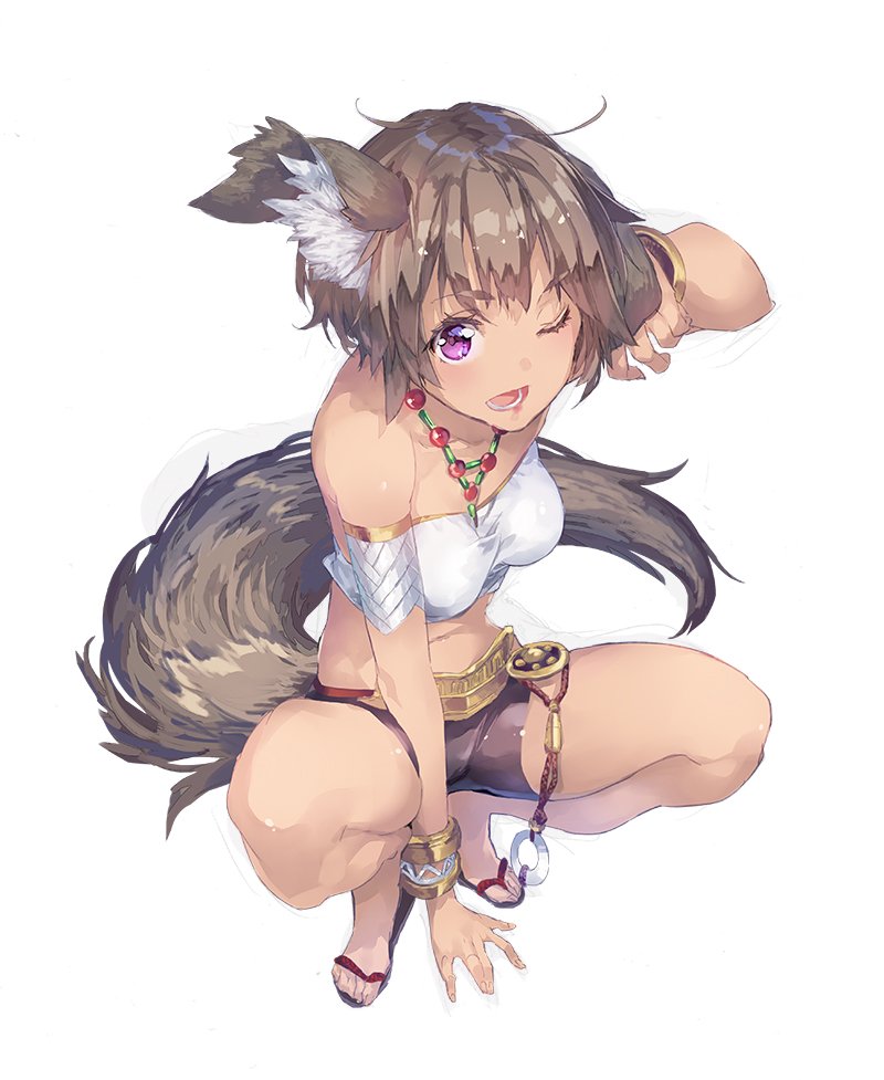 10s 1girl ;d animal_ears arm_support arm_up armband bare_legs bracelet brown_hair dark-skinned_female dark_skin elbia_hernaiman female_focus jewelry looking_at_viewer midriff navel necklace one_eye_closed open_mouth outbreak_company purple_eyes sandals short_hair short_shorts shorts simple_background smile solo squatting strapless tail tube_top white_background yuugen