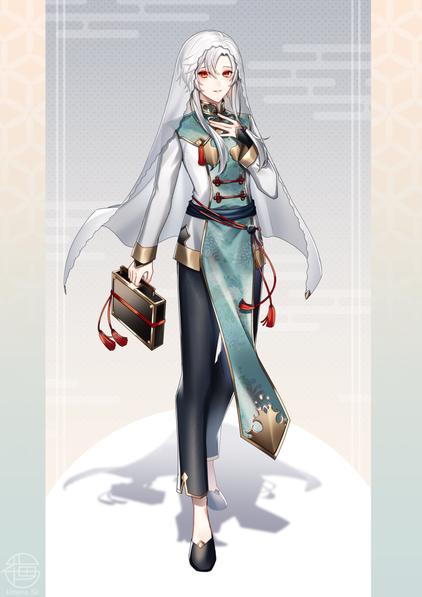 1boy alternate_costume aqua_jacket black_footwear black_pants black_sash briefcase chinese_clothes chrysanthemum_print dumpling_(the_tale_of_food) egasumi flats floral_print flower_knot full_body gold_trim gradient_background grey_background hair_between_eyes hair_ribbon hand_on_own_chest highres holding holding_briefcase jacket kikkoumon long_sleeves looking_at_viewer male_focus mandarin_collar pants parted_bangs parted_lips pelvic_curtain pillarboxed red_eyes ribbon rope_belt sash shadow short_hair_with_long_locks smile solo standing tassel the_tale_of_food tress_ribbon umeno_shii veil white_hair white_jacket
