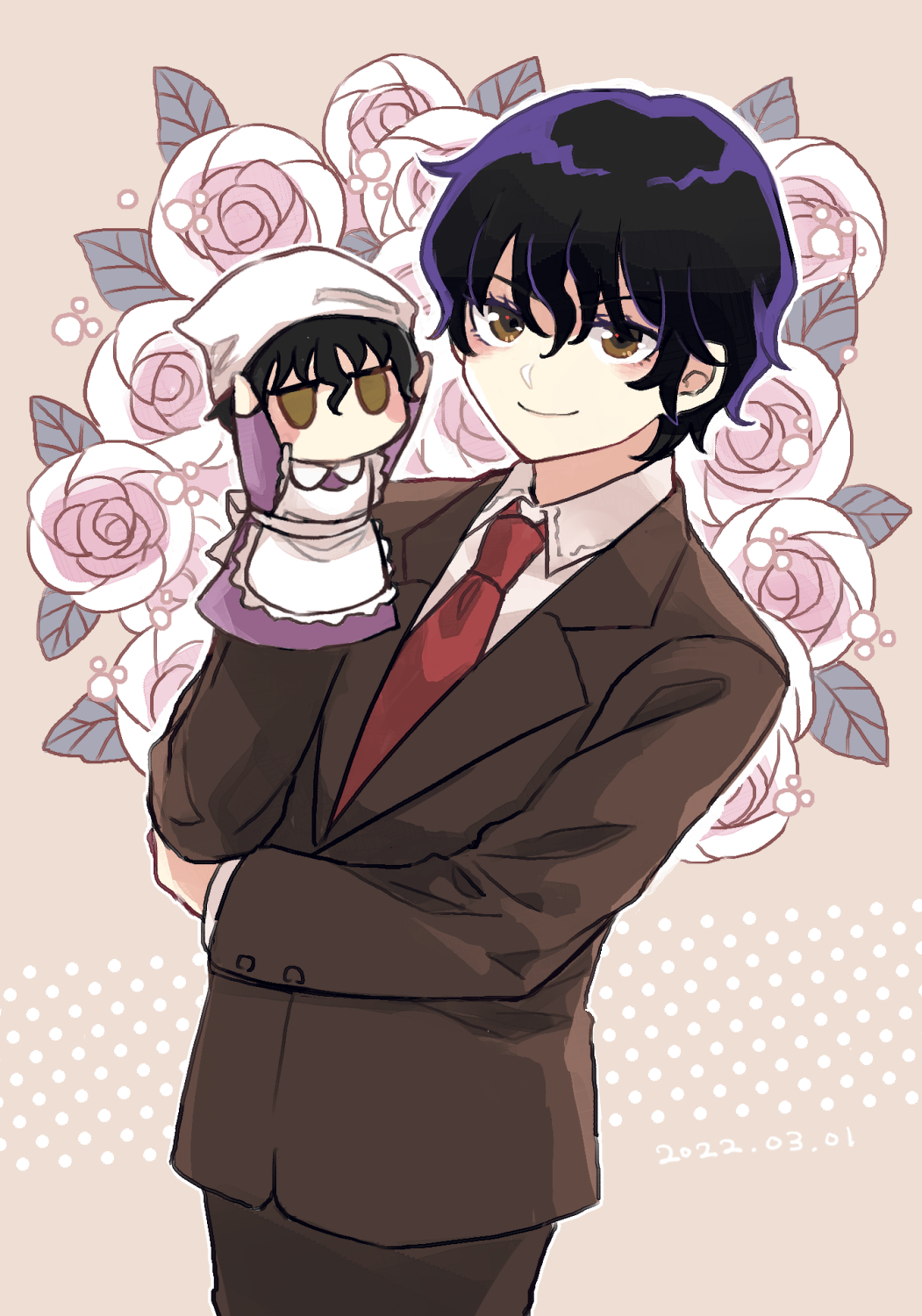 1boy apron bandana black_hair brown_eyes brown_suit crossed_arms flower formal_clothes hand_puppet highres katsuragi_atori looking_at_viewer maid_apron male_focus mizuki_hajime necktie puppet red_necktie rose school_uniform short_hair simple_background smile solo suit tennis_no_ouji-sama wavy_hair white_bandana
