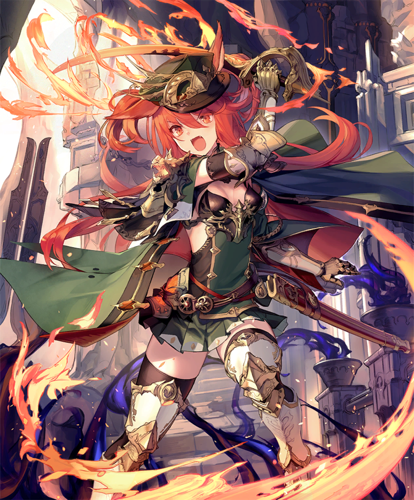 1girl 2others animal_ears architecture armor armored_boots armpits belt black_fire black_gloves boots breasts cape chain cleavage dog_ears fangs feet_out_of_frame fire gauntlets gloves green_cape green_skirt hat holding holding_polearm holding_sword holding_weapon indoors long_hair looking_at_viewer magic military_hat miniskirt multicolored_shirt multiple_others official_art open_mouth orange_eyes orange_hair orthrus_(shadowverse) pleated_skirt polearm scabbard shadowverse sheath single_glove skeleton skirt sleeveless small_breasts solo_focus stairs standing sword teeth thick_thighs thighhighs thighs torch u-suke_(supertie) upper_teeth_only weapon zettai_ryouiki