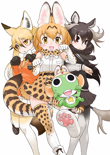 10s 3girls animal_ears animal_print antlers black_hair blonde_hair bow cat_ears creator_connection crossover ezo_red_fox_(kemono_friends) fox_ears fox_tail gloves horns japari_symbol kemono_friends keroro keroro_gunsou kita_kitsune long_hair looking_at_viewer moose_(kemono_friends) moose_ears multiple_girls paw_pose paw_shoes pleated_skirt serval serval_(kemono_friends) serval_tail short_hair silver_hair simple_background skirt sleeveless tail thighhighs white_background yellow_eyes yoshizaki_mine