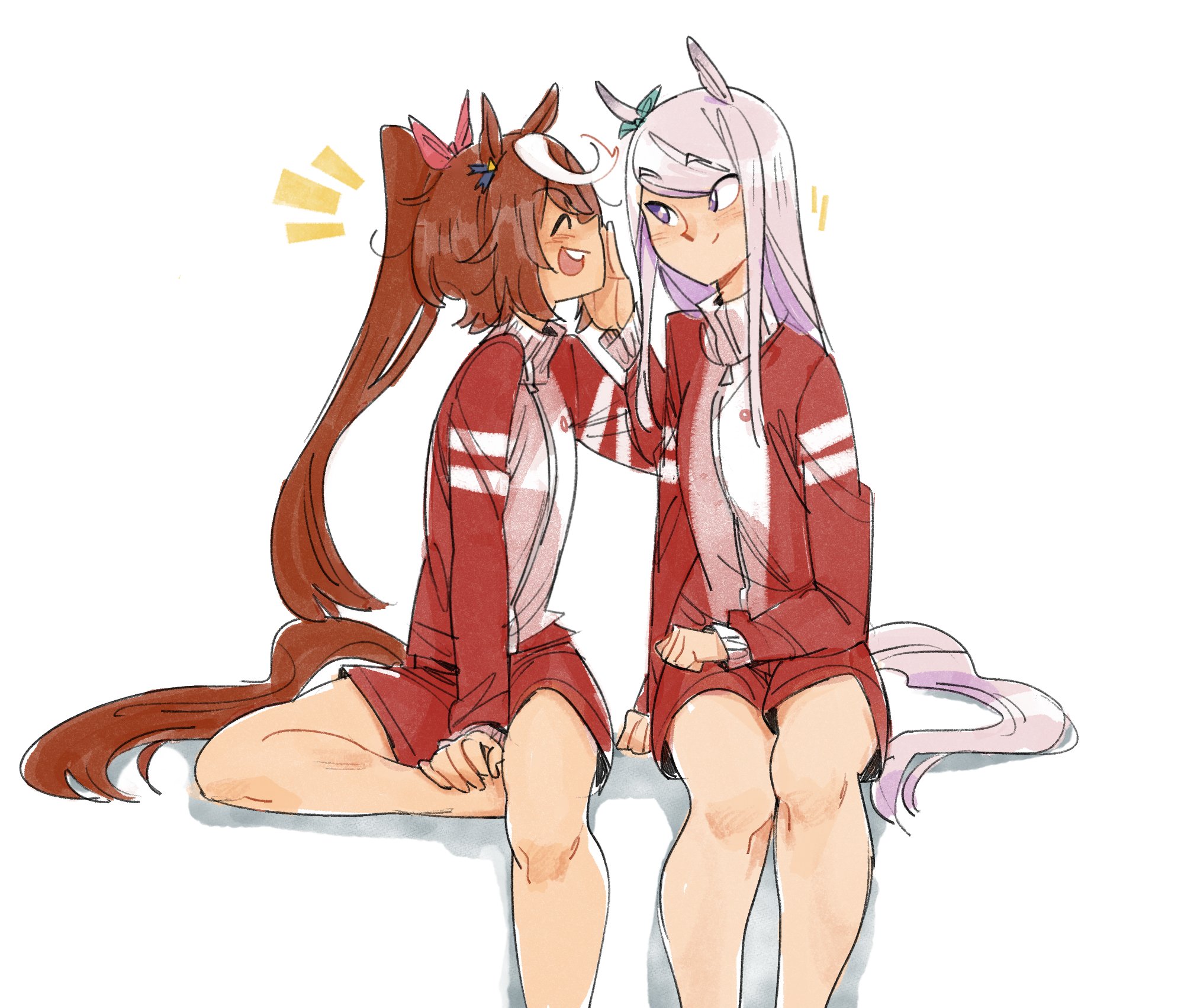 2girls animal_ears bow brown_hair closed_eyes commentary ear_bow english_commentary gutalalaman hand_on_own_face happy happy_aura highres horse_ears horse_girl horse_tail jacket long_hair long_sleeves looking_at_another mejiro_mcqueen_(umamusume) multicolored_hair multiple_girls ponytail purple_eyes purple_hair red_jacket red_shorts shorts sitting streaked_hair tail tokai_teio_(umamusume) tracen_training_uniform track_jacket two-tone_hair umamusume white_background white_hair white_jacket