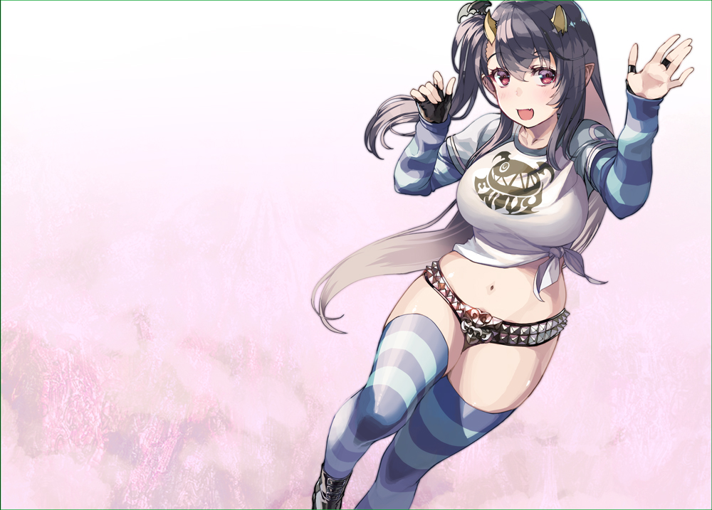1girl belt boots breasts demon_girl demon_horns fang fingerless_gloves gloves hair_ornament happy horns large_breasts leviathan_(the_seven_deadly_sins) long_hair long_sleeves nishii_(damnedrive) open_mouth pointy_ears purple_hair red_eyes shirt sin_nanatsu_no_taizai socks the_seven_deadly_sins waving waving_arm white_background