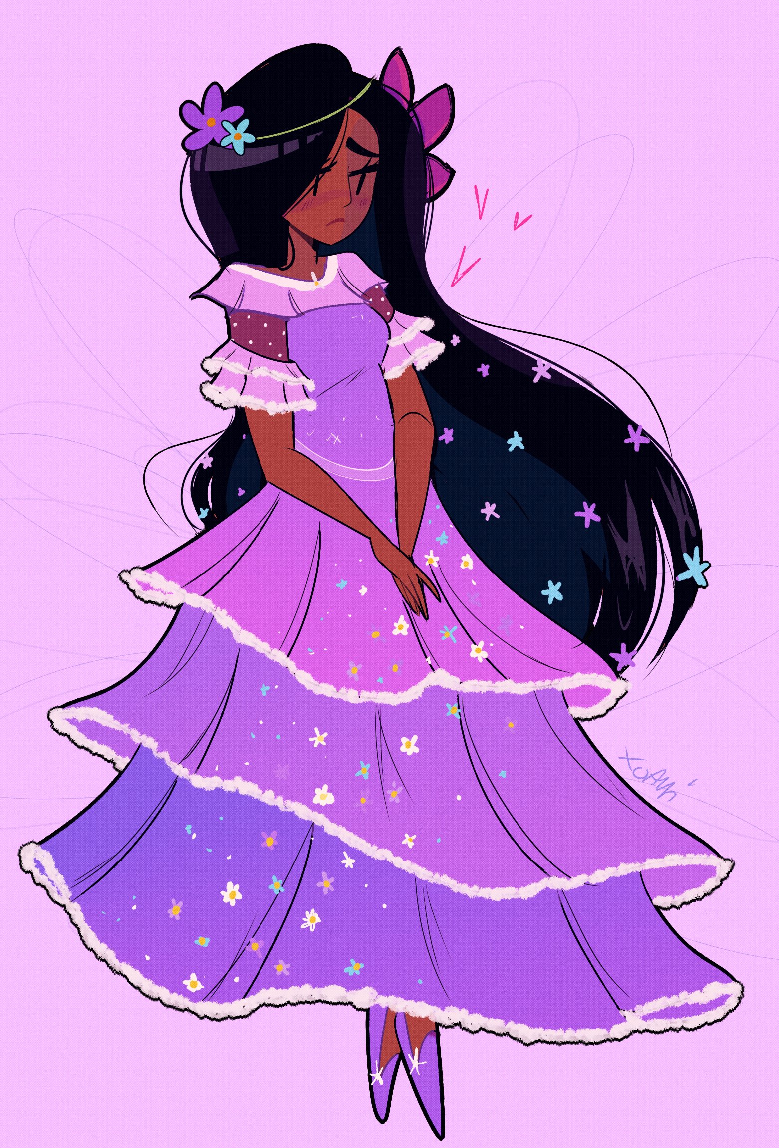 1girl black_hair dark-skinned_female dark_skin disney dress earrings encanto flower hair_flower hair_ornament highres isabela_madrigal jewelry long_hair purple_dress purple_shoes revauri shoes solo tagme