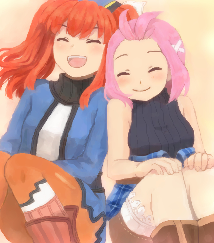 2girls :d ^_^ bare_shoulders black_shirt black_undershirt blue_shirt boots brown_footwear closed_eyes dewprism elena_(dewprism) feet_out_of_frame floating_hair hair_ornament hairclip hands_on_own_knees long_sleeves mint_(dewprism) multiple_girls open_mouth orange_hair orange_pantyhose pantyhose plaid_clothes shirt sidelocks simple_background sitting sleeveless smile turtleneck ujf2030 yellow_background
