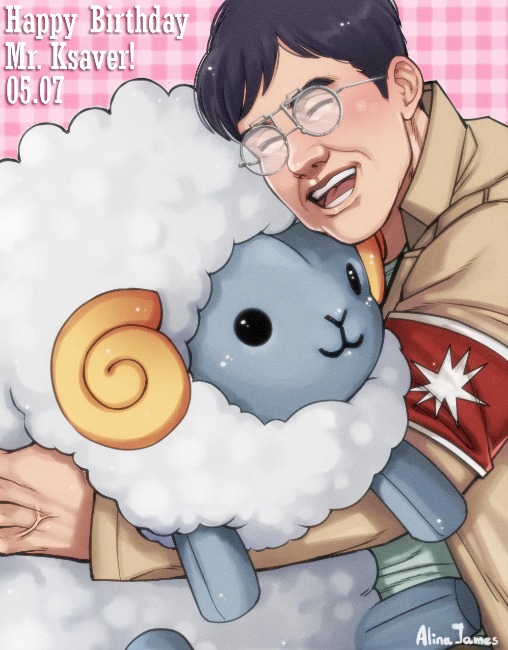 1boy adelheid_(moschiola) animal animal_hug armband beast_titan black_hair blush character_doll dated doll from_side glasses happy happy_birthday highres hugging_doll hugging_object marley_military_uniform merchandise mini_person miniboy pink_background red_armband round_eyewear shingeki_no_kyojin short_hair solo stuffed_animal stuffed_sheep stuffed_toy titan_(shingeki_no_kyojin) tom_ksaver veins veiny_arms wrinkled_skin