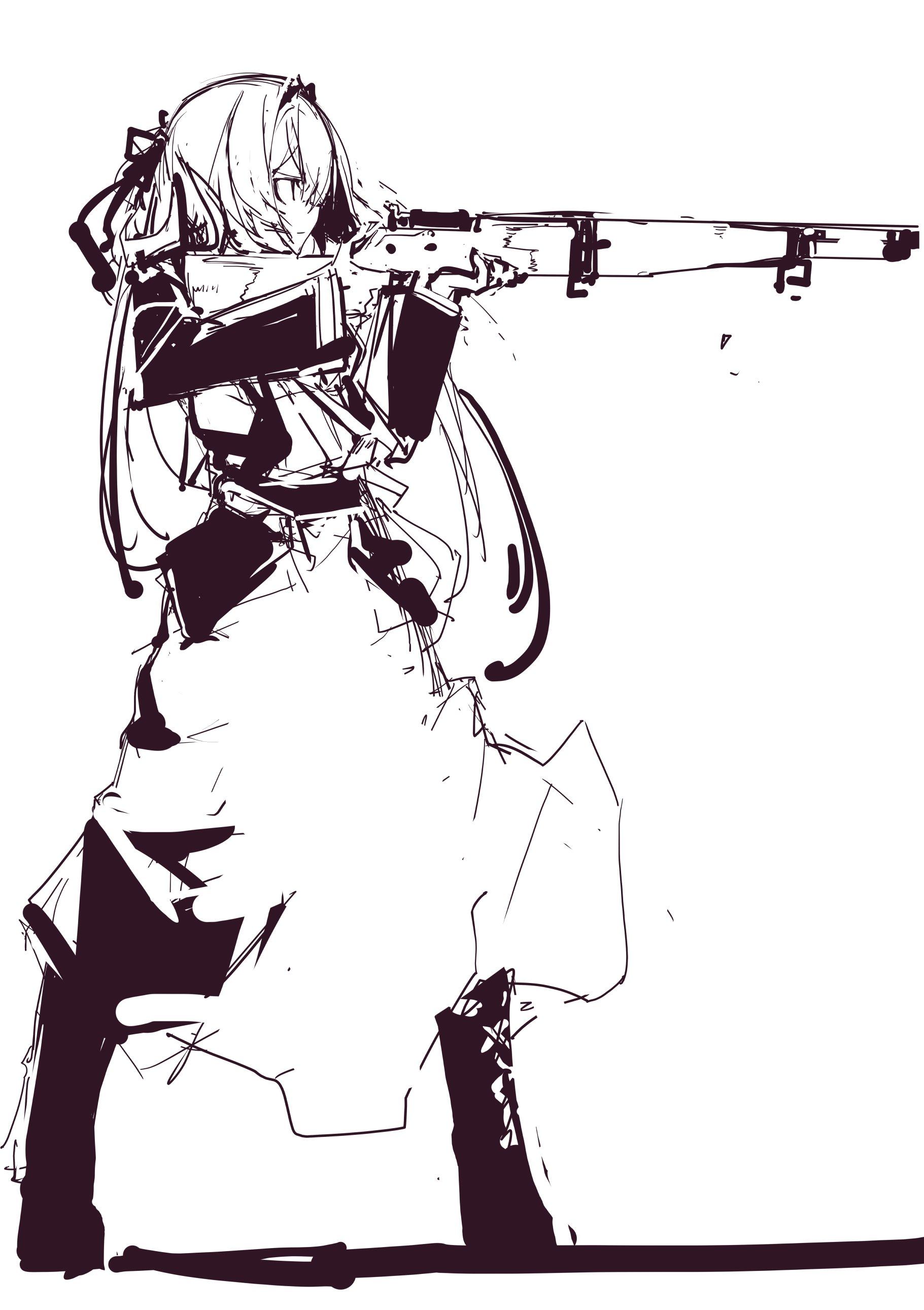 1girl absurdres bolt_action commentary_request dress full_body girls'_frontline girls'_frontline_2:_exilium greyscale gun hair_between_eyes hair_ribbon highres holding holding_gun holding_weapon long_hair long_sleeves m1903_springfield monochrome ribbon rifle sidelocks sketch solo springfield_(girls'_frontline) springfield_(girls'_frontline_2) standing weapon yoto_(rinlin2)