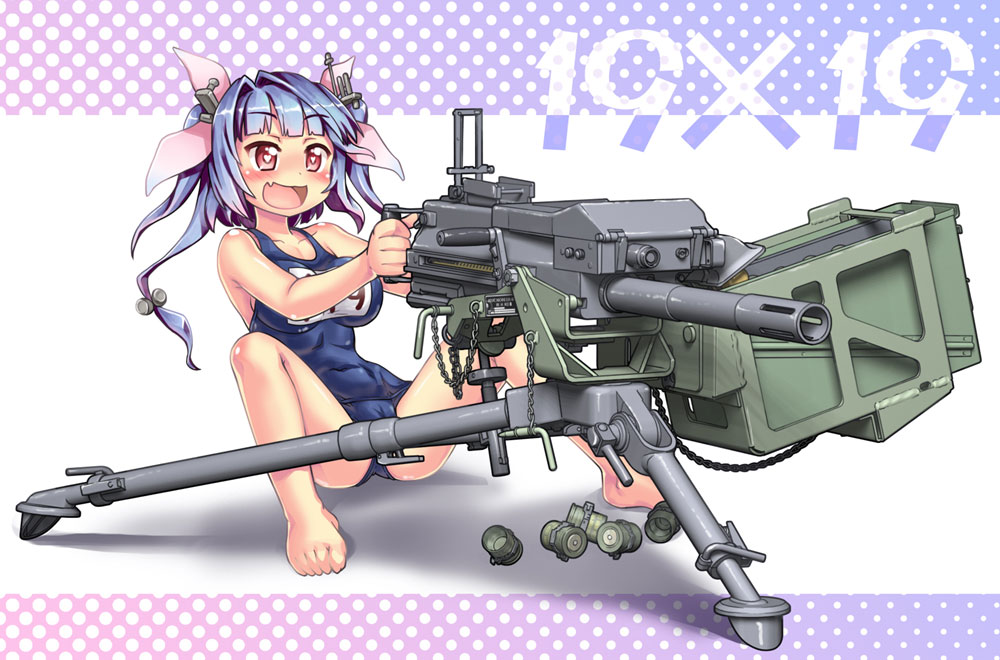 10s 1girl 40x53mm_hv 40x53mm_hv_hedp_m430 :d aiming ammunition ammunition_belt ammunition_box anti-materiel_cartridge automatic_grenade_launcher barefoot blue_hair crew-served_weapon dual-purpose_cartridge explosive fang female_focus grenade grenade_cartridge grenade_casing grenade_launcher hair_ornament hair_ribbon hase_yu heart heart-shaped_pupils high-explosive_anti-tank_(warhead) high-explosive_cartridge high-explosive_dual-purpose_cartridge high-low_system i-19_(kancolle) kantai_collection mk_19_grenade_launcher name_connection name_tag object_namesake open_mouth red_eyes ribbon school_swimsuit shell_casing sitting smile solo swimsuit symbol-shaped_pupils tri_tails weapon