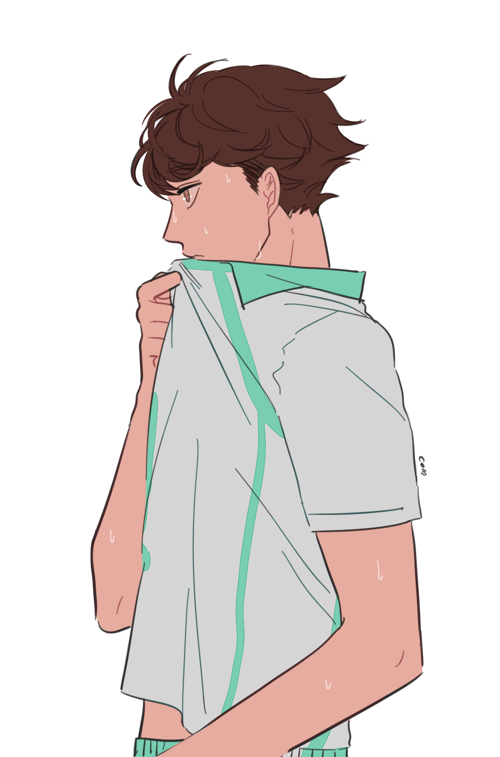 1boy aoba_johsai_volleyball_uniform arm_up brown_eyes brown_hair closed_mouth clothes_lift collared_shirt com_(com0107) commentary haikyuu!! highres hot looking_ahead male_focus midriff_peek multicolored_clothes multicolored_shirt oikawa_tooru_(haikyuu!!) shirt shirt_lift simple_background solo sportswear sweat sweatdrop upper_body volleyball_uniform white_background wiping_face