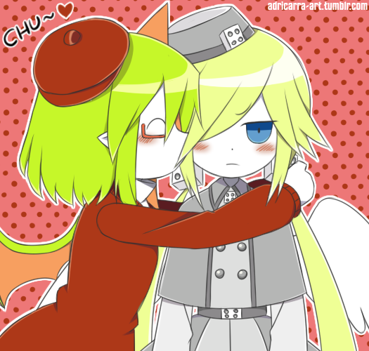 2girls adricarra angel angel_wings beret blue_eyes blush buttons capelet closed_mouth colored_skin commentary demon_girl demon_wings dice_hair_ornament expressionless froze_(funamusea) funamusea funamusea_(style) green_hair grey_capelet grey_headwear grey_shirt grey_skirt haiiro_teien hair_ornament hair_over_one_eye hat heart horns kiss kissing_cheek low_twintails multiple_girls outline parody pointy_ears polka_dot polka_dot_background red_background red_headwear red_sweater shirt sidelocks single_horn skirt spanish_commentary style_parody sweater tumblr_username twintails white_outline white_shirt white_skin wings yosafire_(funamusea) yuri