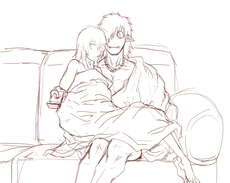 1boy 1girl archnemon couch couple digimon digimon_adventure_02 monochrome mummymon pointy_ears sharp_teeth teeth