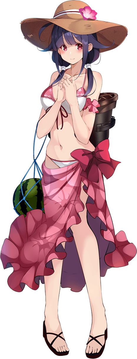 1girl bikini black_hair food fruit full_body hat highres kantai_collection kujou_ichiso long_hair official_art red_eyes ryuuhou_(kancolle) ryuuhou_kai_ni_(kancolle) sarong solo sun_hat swimsuit taigei_(kancolle) taigei_(swimsuit)_(kancolle) transparent_background watermelon