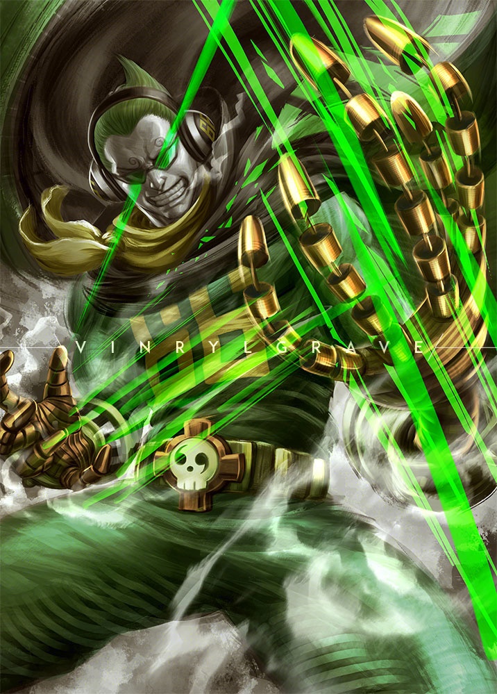 1boy artist_name clenched_teeth commentary curly_eyebrows english_commentary gauntlets goggles green_hair headphones male_focus neckerchief one_piece short_hair smile solo teeth vinrylgrave vinsmoke_yonji