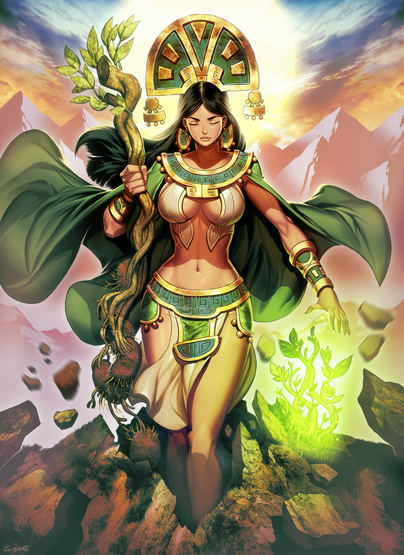 1girl axomamma breasts cape closed_eyes commentary commission dark-skinned_female dark_skin earrings english_commentary genzoman glowing green_cape headdress incan incan_mythology jewelry large_breasts lips long_hair mountain mountainous_horizon navel parted_bangs parted_hair pelvic_curtain peru plant plant_roots potato solo stomach thick_eyebrows vambraces wide_hips