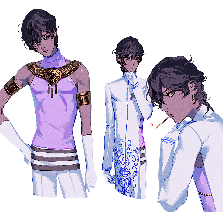 1boy arjuna_(fate) bare_shoulders black_eyes black_hair clothing_cutout collage daeraeband dark-skinned_male dark_skin elbow_gloves fate/grand_order fate_(series) food from_side gloves hair_between_eyes hand_on_own_chin jewelry long_sleeves looking_at_viewer looking_to_the_side male_focus necklace pants pocky short_hair side_cutout sleeveless toned toned_male upper_body white_background white_gloves white_pants