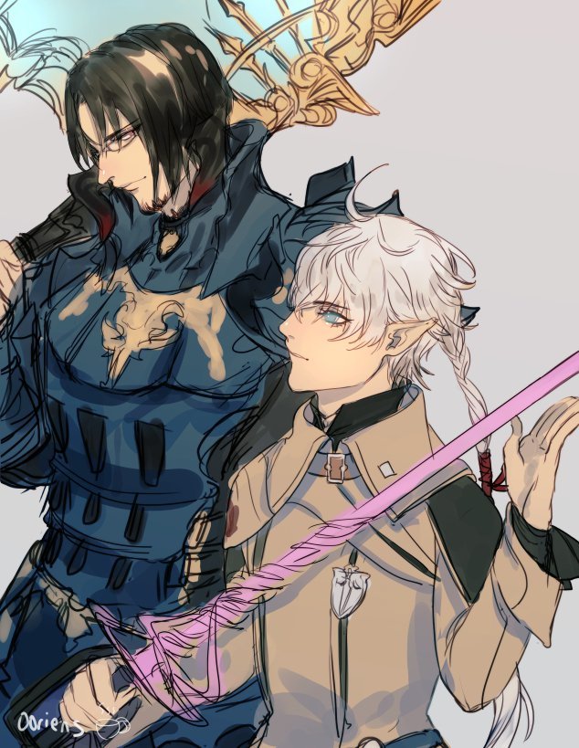 alisaie_leveilleur armor black_hair final_fantasy final_fantasy_xiv ranier_layarte sketch weapon weapons white_hair
