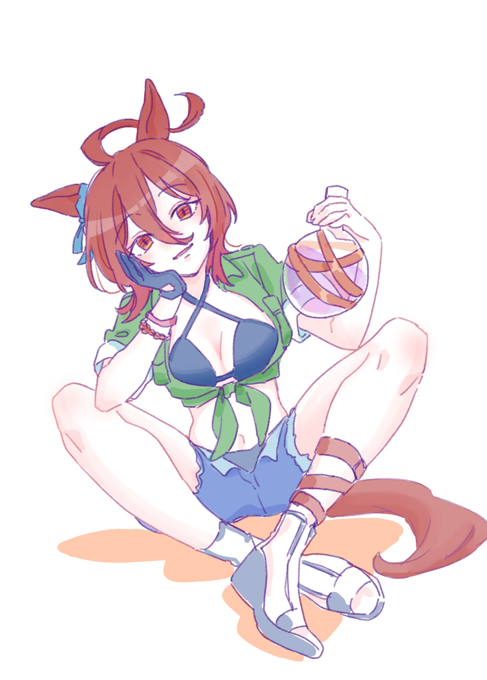 1girl absurdres agnes_tachyon_(lunatic_lab)_(umamusume) agnes_tachyon_(umamusume) animal_ears bikini bikini_under_clothes black_bikini black_gloves blue_shorts breasts brown_eyes brown_hair cleavage colored_shadow flask front-tie_top full_body gloves green_shirt grey_sandals hair_between_eyes highres holding horse_ears horse_girl horse_tail leaning_to_the_side looking_at_viewer medium_breasts navel parted_lips round-bottom_flask sandals seila_rei shadow shirt short_sleeves shorts simple_background single_glove sitting solo swimsuit tail tied_shirt umamusume white_background