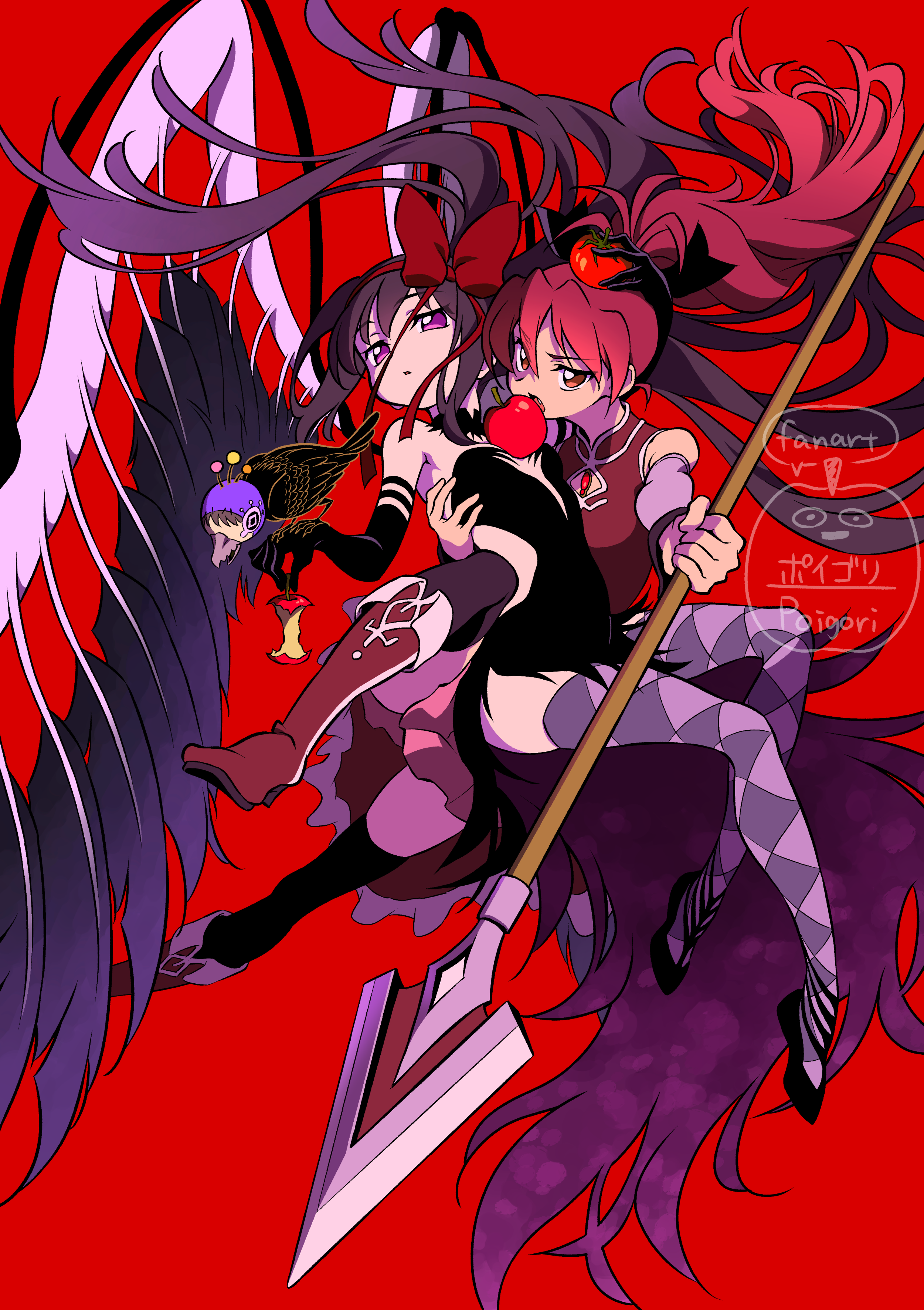 2girls absurdres akemi_homura akuma_homura apple apple_core argyle_clothes argyle_thighhighs bare_shoulders bird bird_on_hand black_bow black_gloves black_hair black_shoes black_thighhighs boots bow carrying carrying_person chest_jewel detached_sleeves dress elbow_gloves fang feathered_wings flats floating_hair food food_in_mouth food_on_head fruit gloves grey_sleeves hair_bow highres holding holding_food holding_fruit long_hair looking_at_viewer magical_girl mahou_shoujo_madoka_magica mahou_shoujo_madoka_magica:_hangyaku_no_monogatari multiple_girls object_on_head poigori polearm ponytail purple_eyes red_background red_boots red_bow red_eyes red_hair sakura_kyoko sakura_kyoko_(magical_girl) shoes side_slit thighhighs tomato weapon wings