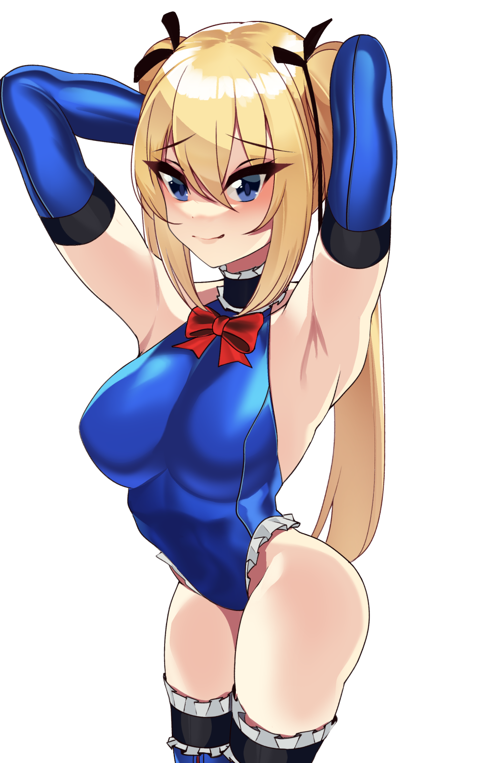 1girl armpits black_gloves black_ribbon blonde_hair blue_eyes blue_leotard blue_thighhighs bow bowtie breasts commentary_request commission cowboy_shot dead_or_alive dead_or_alive_5 detached_sleeves frilled_leotard frilled_one-piece_swimsuit frilled_thighhighs frills gloves hair_ornament hair_ribbon highres leotard long_hair marie_rose one-piece_swimsuit pixiv_commission red_bow red_bowtie ribbon simple_background small_breasts solo standing swimsuit thighhighs twintails volyz white_background x_hair_ornament