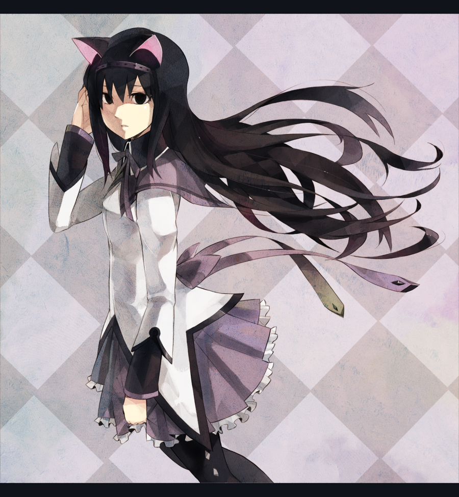 10s akemi_homura akemi_homura_(magical_girl) animal_ears black_hair cat_ears gajuumaru hairband letterboxed long_hair mahou_shoujo_madoka_magica mahou_shoujo_madoka_magica_(anime) pantyhose solo