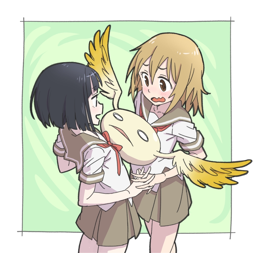 2girls black_hair brown_eyes brown_hair hanami_yuzuka holding_hands jitsusan mahou_shoujo_nante_mou_ii_desukara. miton multiple_girls sakagami_chiya school_uniform serafuku short_hair wings