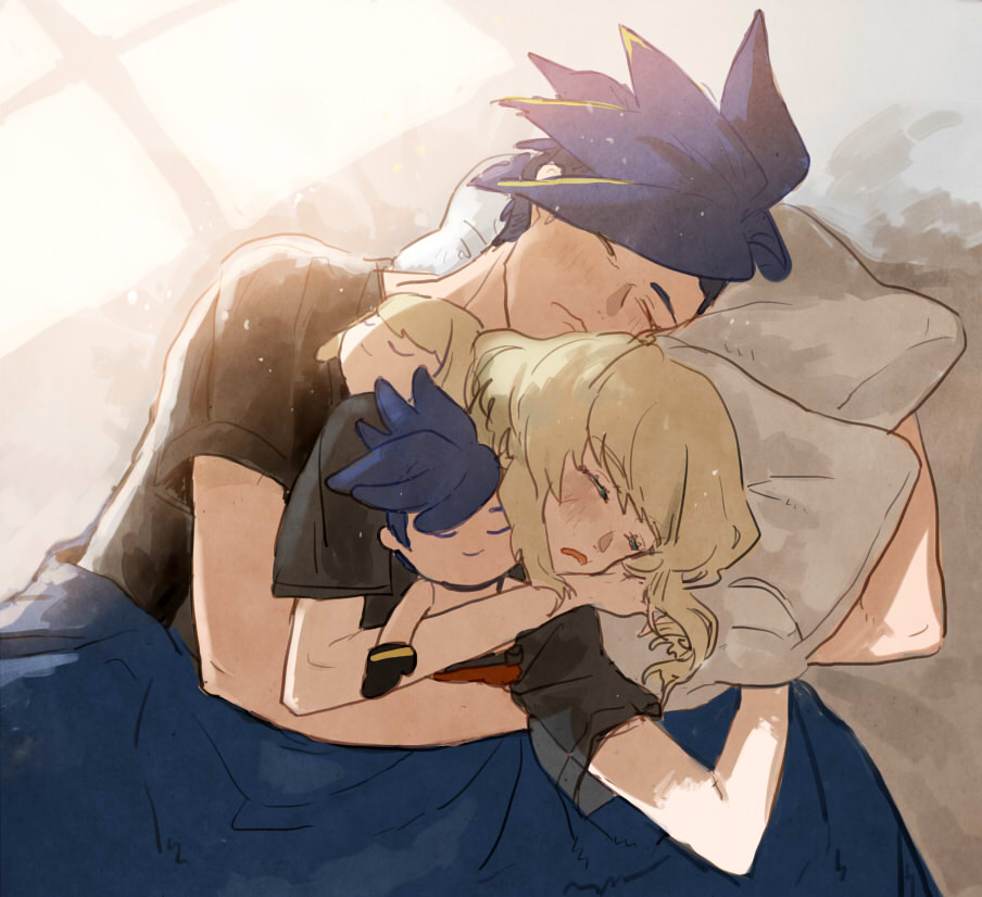 2boys arm_up black_shirt blonde_hair blue_hair blush character_doll closed_eyes closed_mouth commentary_request doll eyelashes galo_thymos hand_under_pillow holding holding_doll lio_fotia lying male_focus mohawk multiple_boys muntins on_side open_mouth promare shirt short_hair short_sleeves sleeping smile spooning u_u under_covers window yaoi yukikotonoha