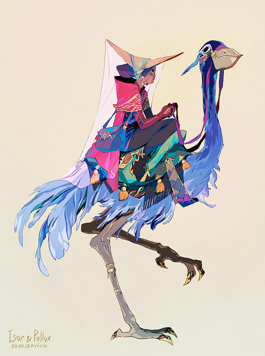 1girl animal animal_focus artist_name bag bird black_eyes blue_bag blue_bird blue_eyes bridle brown_footwear capelet ceciledegantes closed_mouth commentary cream_background crescent crescent_earrings dated earrings english_commentary from_side frown full_body gold_earrings grey_pants hat highres holding holding_reins jewelry leg_up looking_ahead looking_back moebius_(style) original pants pink_capelet purple_hair reins riding riding_bird saddle saddle_blanket saddle_decoration shoulder_bag simple_background smile stirrups_(riding) talons tassel tassel_earrings thick_eyebrows topknot veil