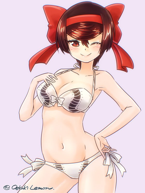 1girl animal_print artist_name bikini bow bow_bikini breasts brown_hair bug centipede cleavage girls_und_panzer hair_bow hair_ribbon hand_on_own_chest large_breasts looking_at_viewer navel oekaki_lemon one_eye_closed red_eyes ribbon solo swimsuit tsuruki_shizuka twitter_username