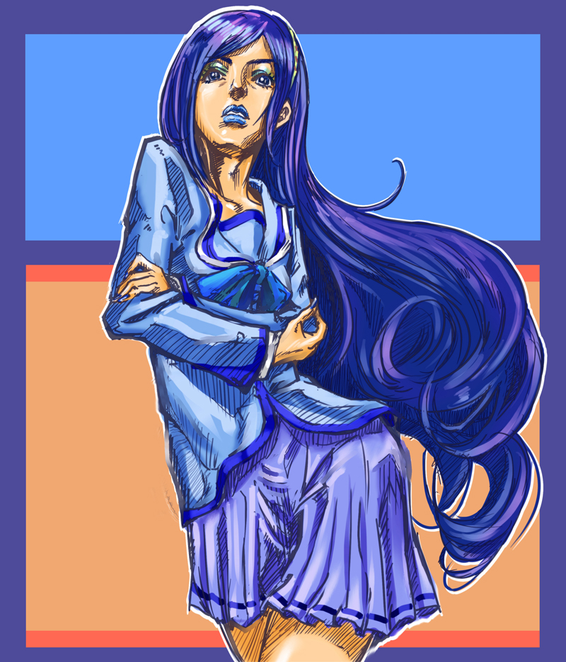 1girl aono_miki araki_hirohiko_(style) eyelashes female_focus fresh_precure! goru_(cure_golgom) hairband jojo_no_kimyou_na_bouken jojo_pose lips lipstick long_hair makeup parody precure purple_eyes purple_hair school_uniform serafuku shirt skirt solo style_parody